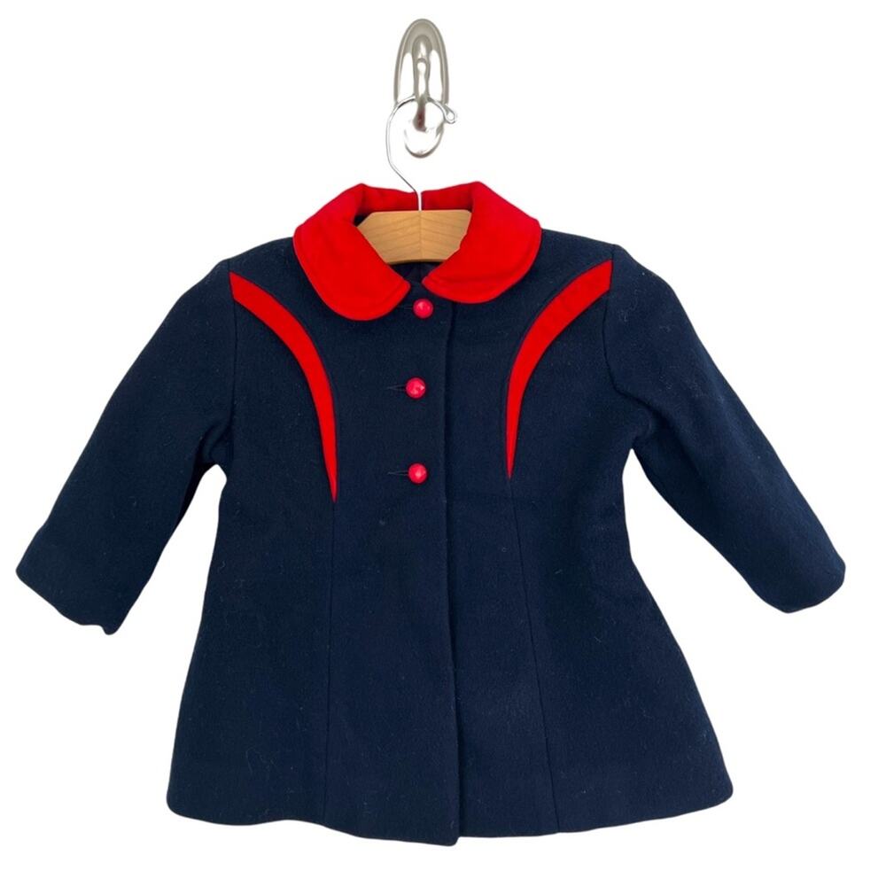 Vtg Rothschild Pea Coat Jacket Wool Navy Blue Red Button Front Union Made Sz S